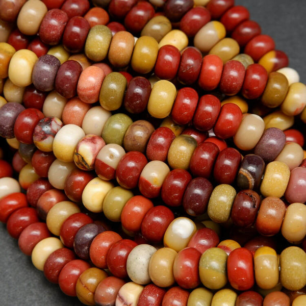 Red and yellow rondelle shape mookaite jasper loose beads.