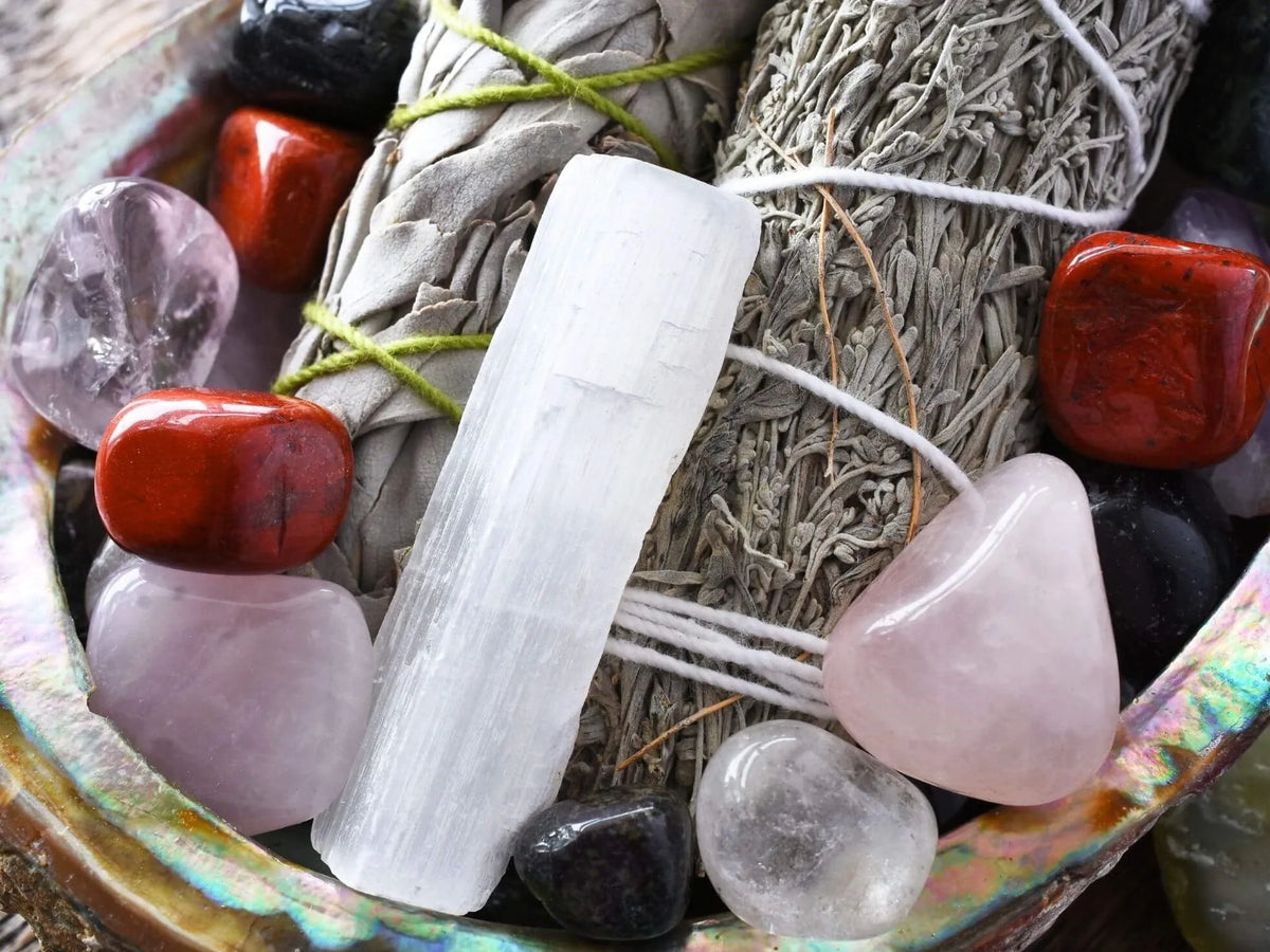 How To Cleanse Crystals With Selenite, Salt, Sage & Incense Tejas Beads
