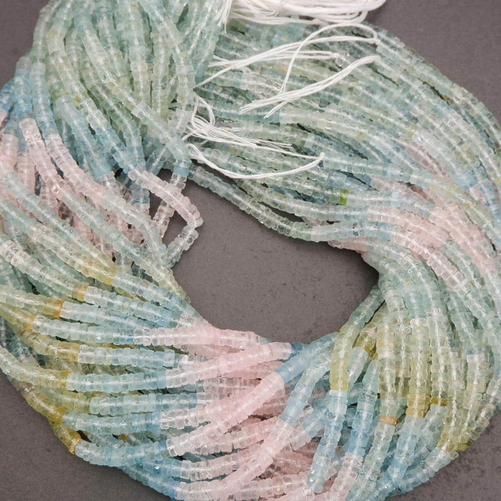 Close-up of multicolored beaded strands on a gray background