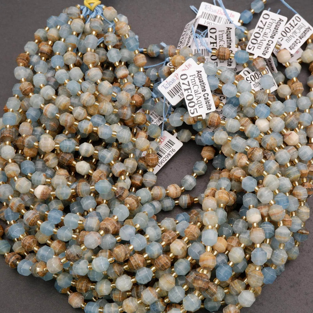 Beaded necklace with blue and brown beads on a gray background