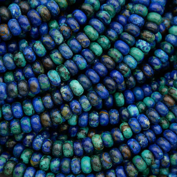 Natural azurite malachite beads in deep blue and green tones, strung in strands