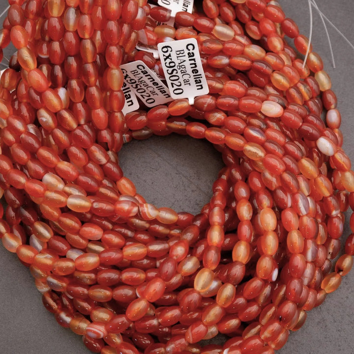 Coiled string of red and orange beads with labels on a gray background