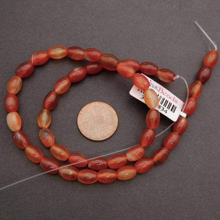 String of red and orange beads with a coin for scale on a gray background
