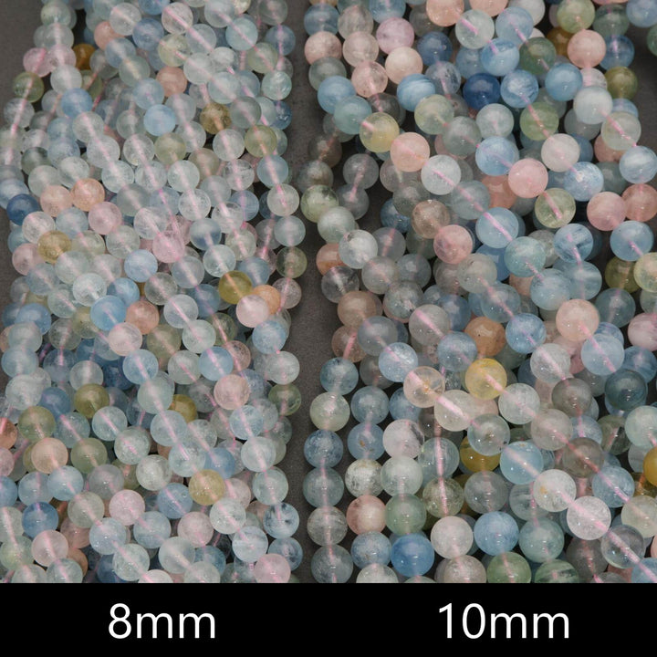 Close-up of multicolored beads with sizes 8mm and 10mm labeled.