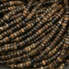 Polished biotite heishi beads in brown, black, and tan earth tones displayed on a neutral background.