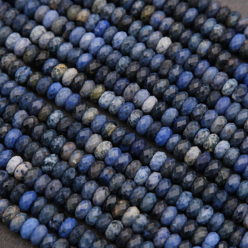 Close-up of blue and gray faceted beads