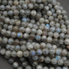 Close-up of round labradorite beads on a dark background