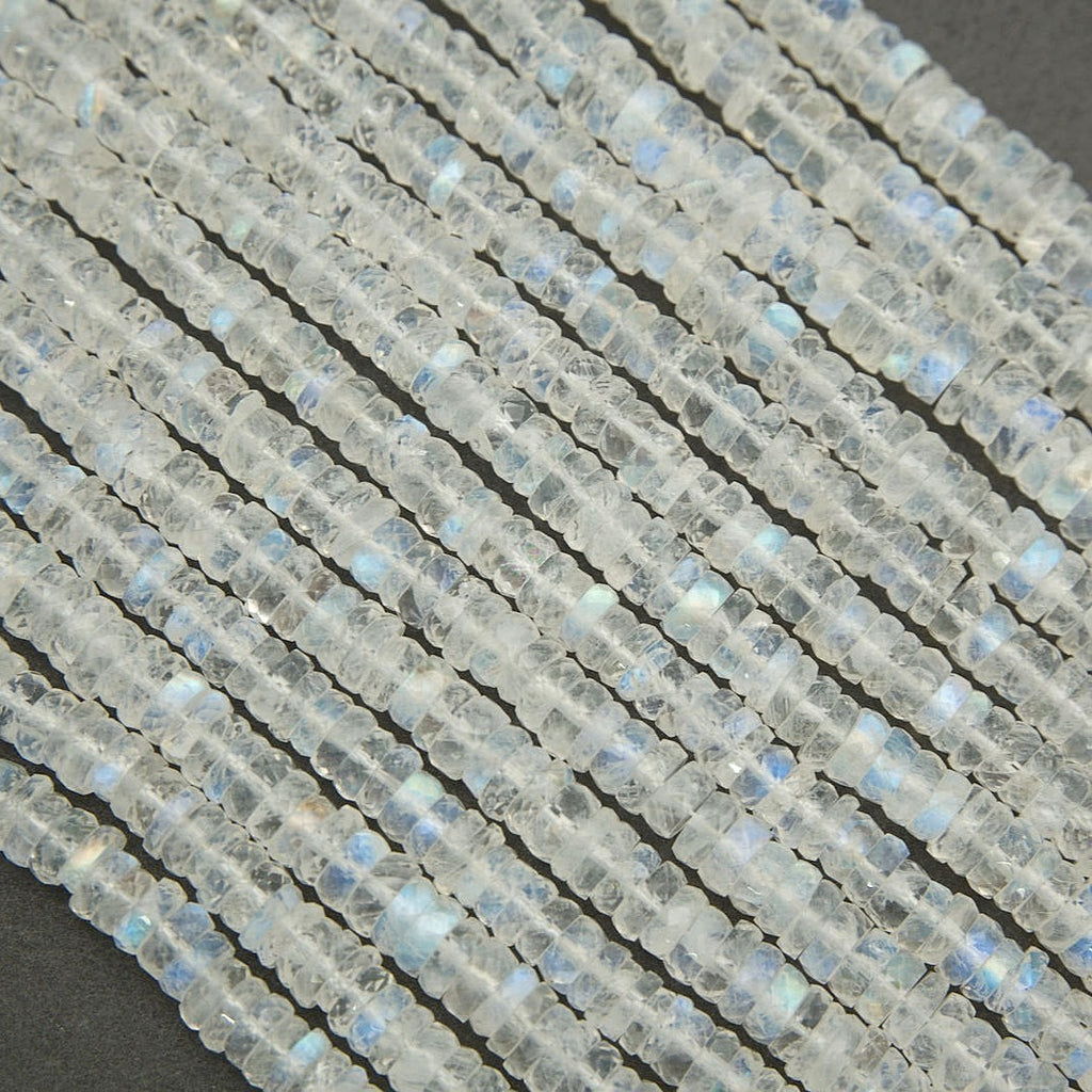 Faceted moonstone rondelle bead strands macro