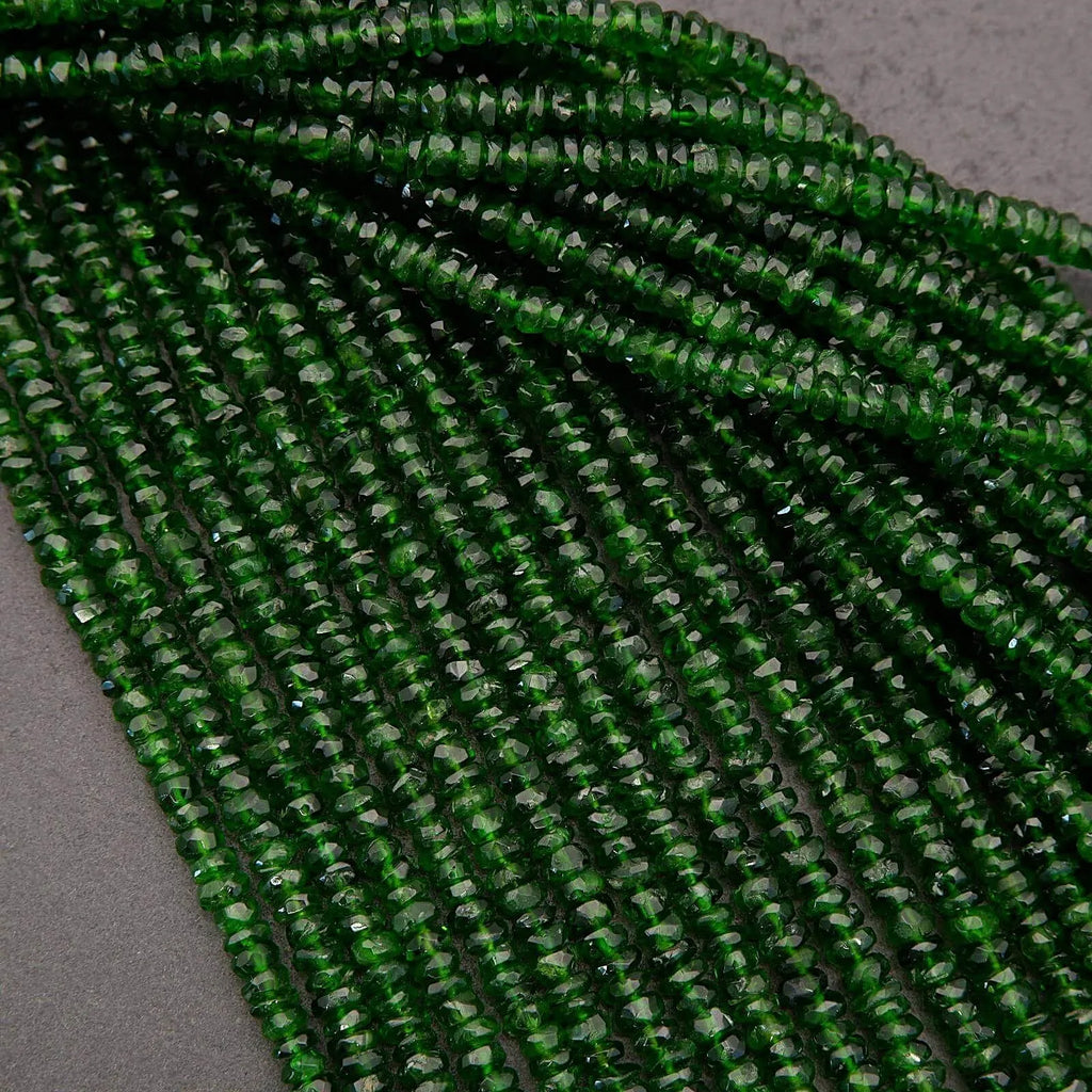 Close-up of green beads on a gray background