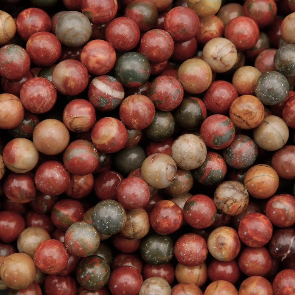 Close-up of marbled beads in various colors