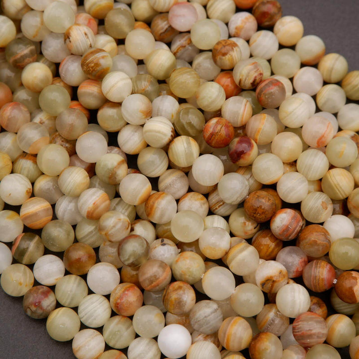 Close-up of marbled stone beads in various colors