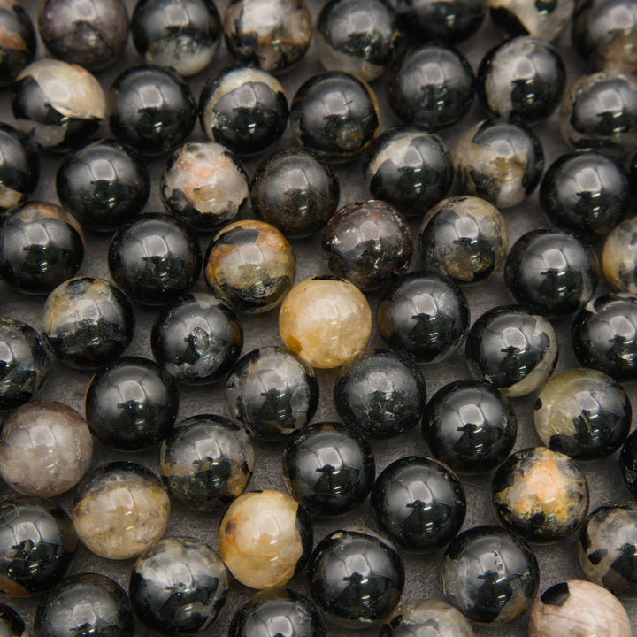 Black Tourmaline in Quartz round beads with cream and gray mineral patches