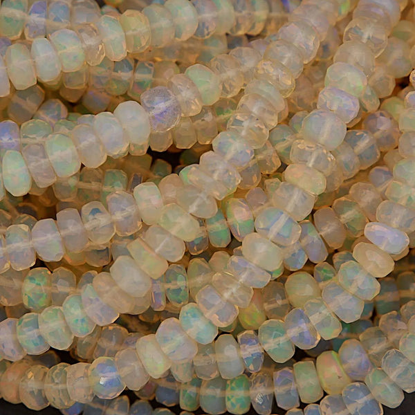 Close-up of opal beads with a soft focus background
