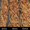 Three strands of round beads with sizes 6mm, 8mm, and 10mm on a gray background.