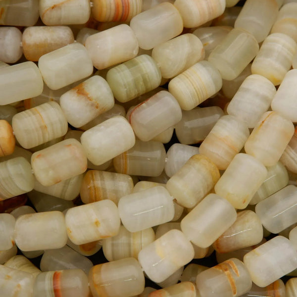 Green and yellow calcite beads with natural banding and earthy tones