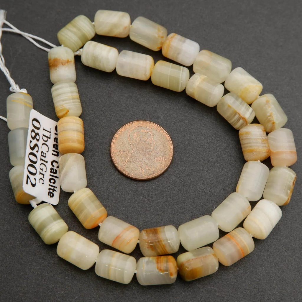 Striped calcite beads in pale green, beige, and golden tones for jewelry making
