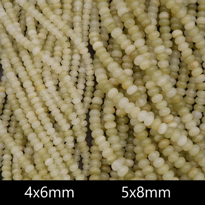 Close-up of two strands of small beads labeled '4x6mm' and '5x8mm'.