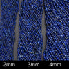 Three strands of blue beads with size labels '2mm', '3mm', and '4mm' on a gray background.