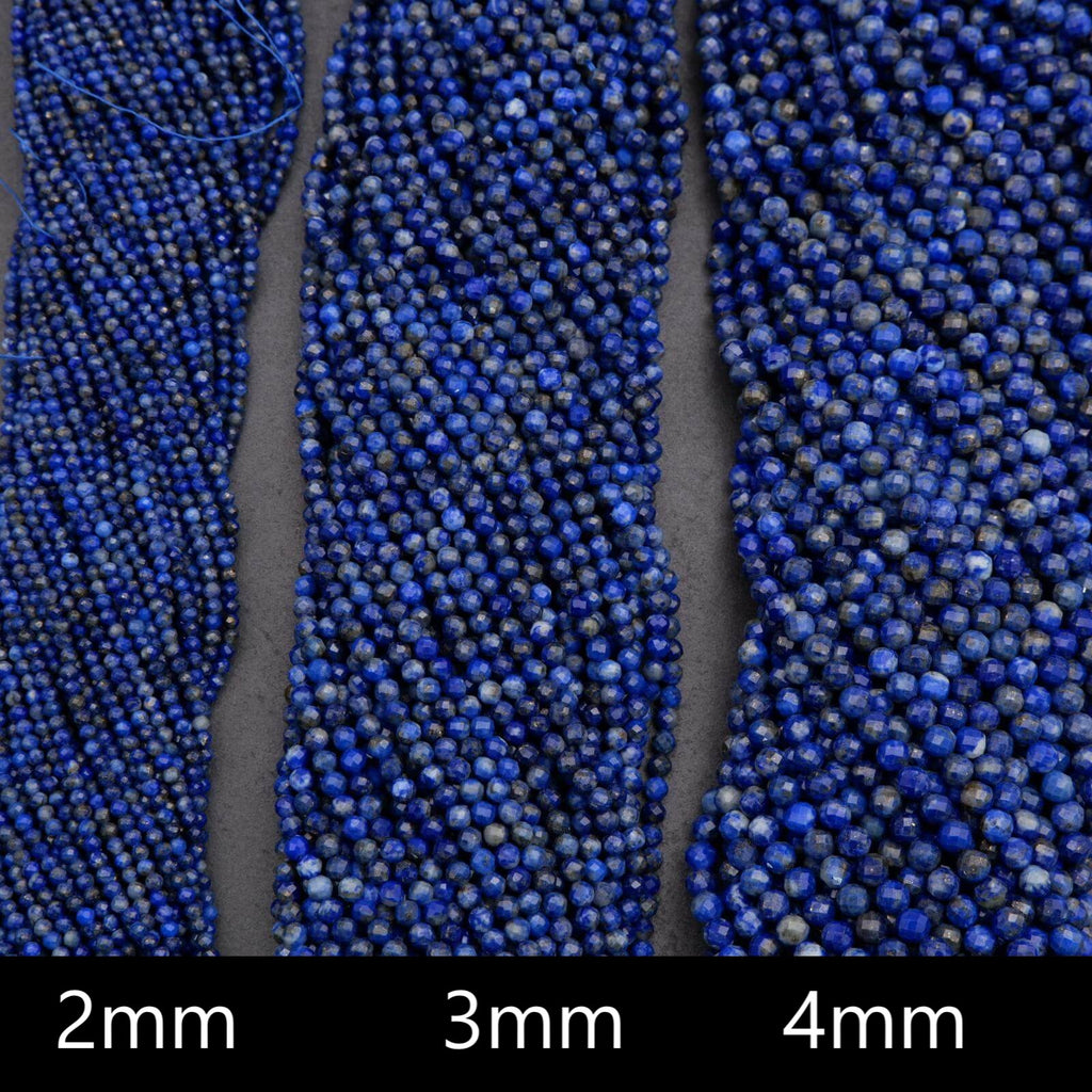 Three strands of blue beads with size labels '2mm', '3mm', and '4mm' on a gray background.