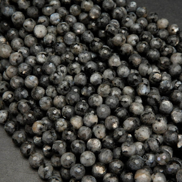 Faceted Black Labradorite Larvikite Beads.