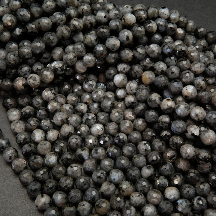 Faceted Black Labradorite Larvikite Beads.