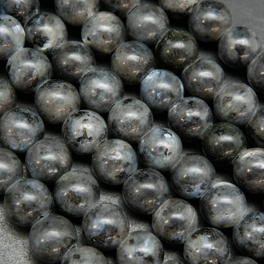 Grey round large hole larvikite beads. Black Labradorite Beads.