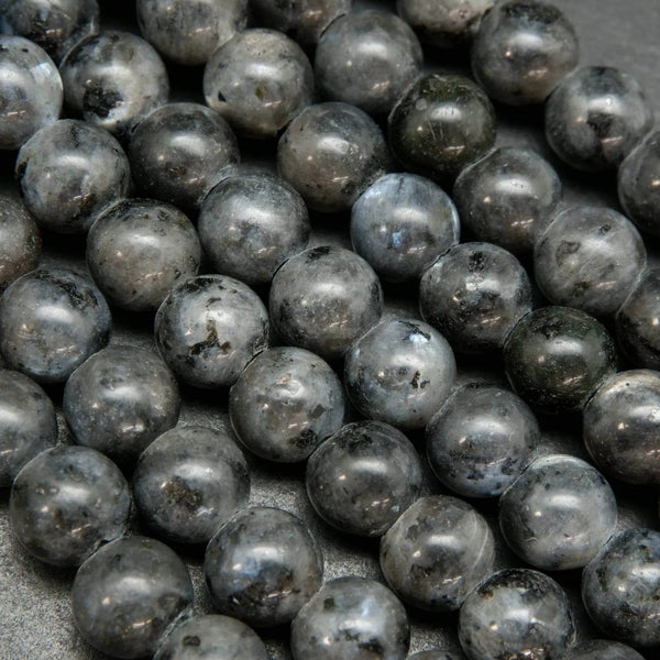 Grey round large hole larvikite beads. Black Labradorite Beads.
