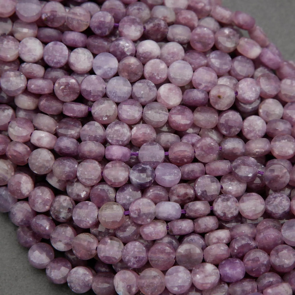 Coin shape lepidolite beads in light purple hues with natural white and silvery patterns