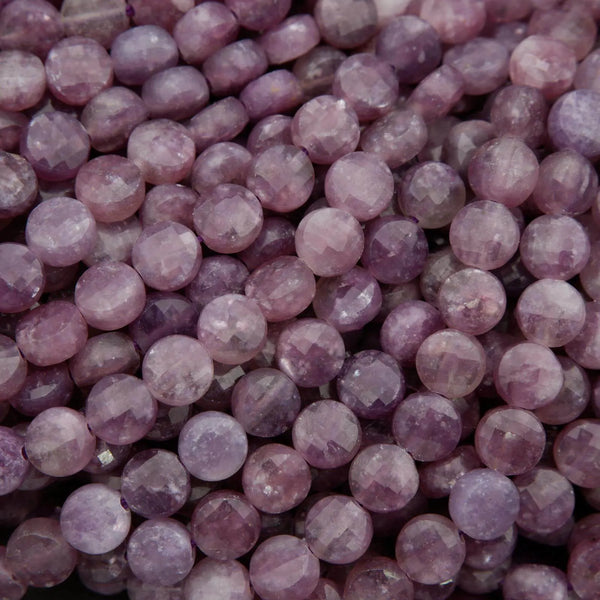 Natural lepidolite gemstone beads in soft lavender and lilac tones with mica shimmer