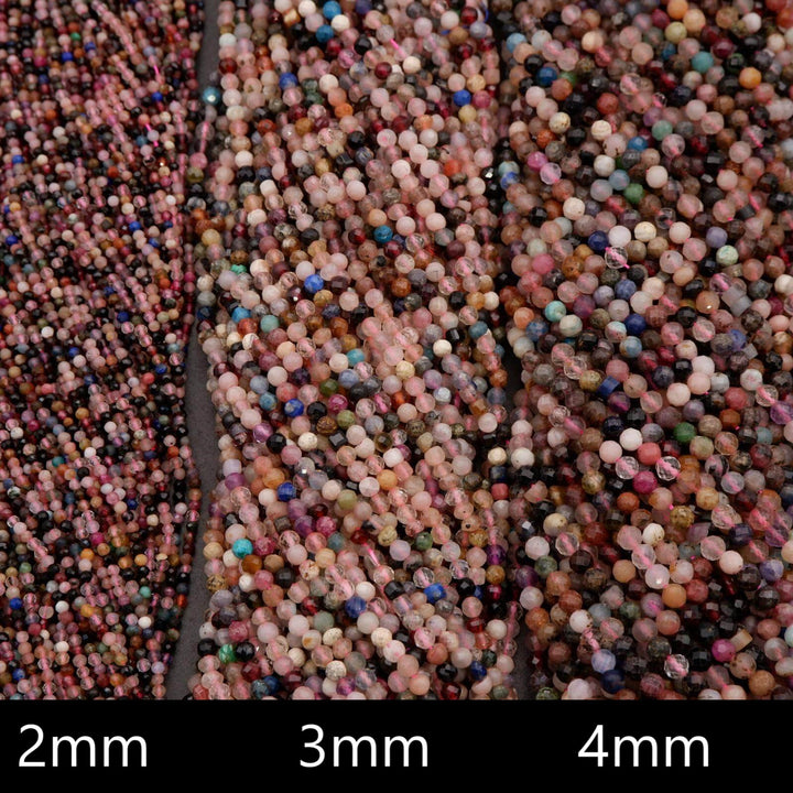 Close-up of multicolored beads with size labels '2mm', '3mm', and '4mm'.