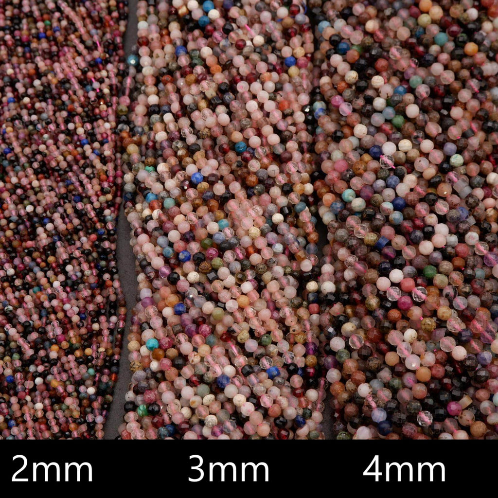 Close-up of multicolored beads with size labels '2mm', '3mm', and '4mm'.