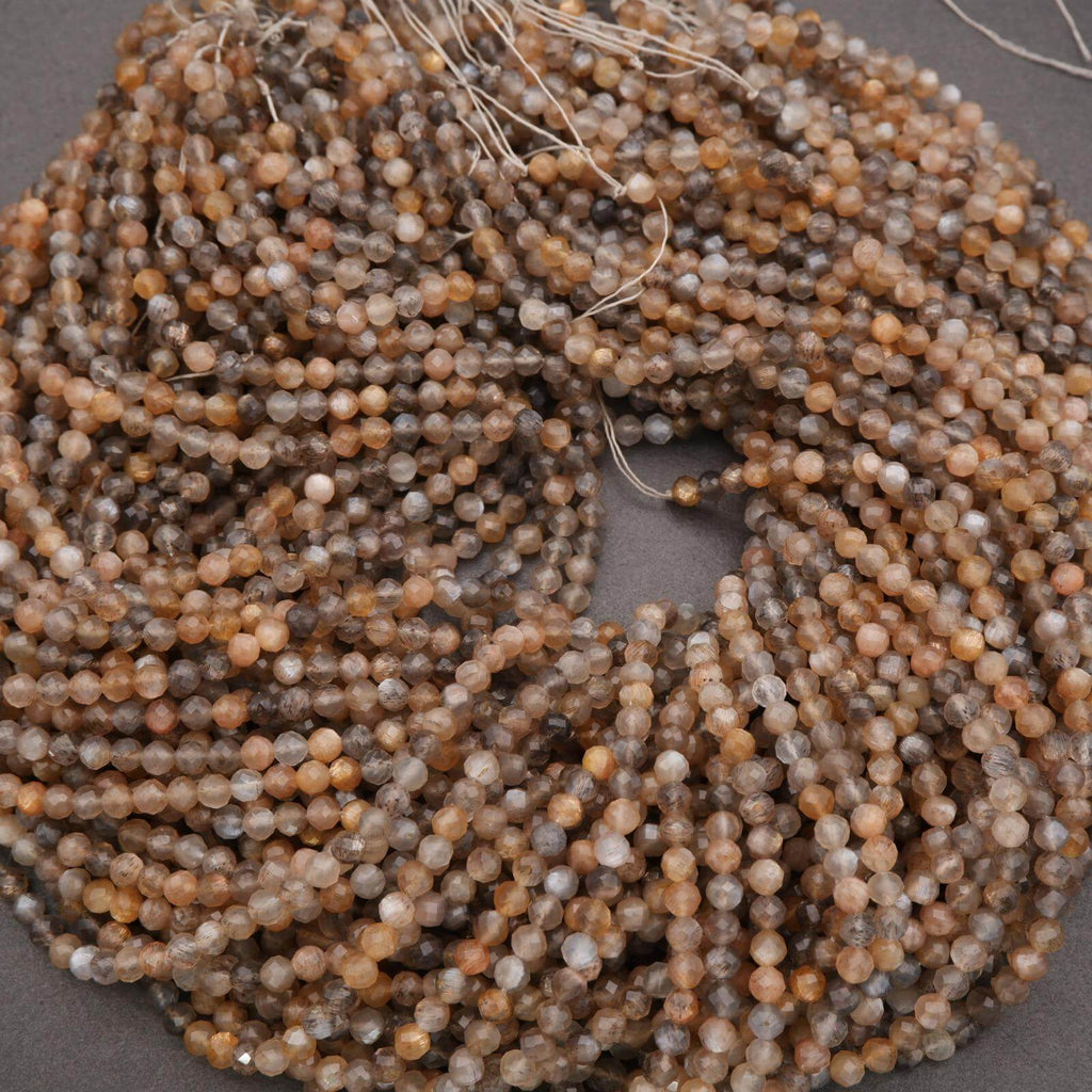 Close-up of a string of brown and gray beads on a gray background
