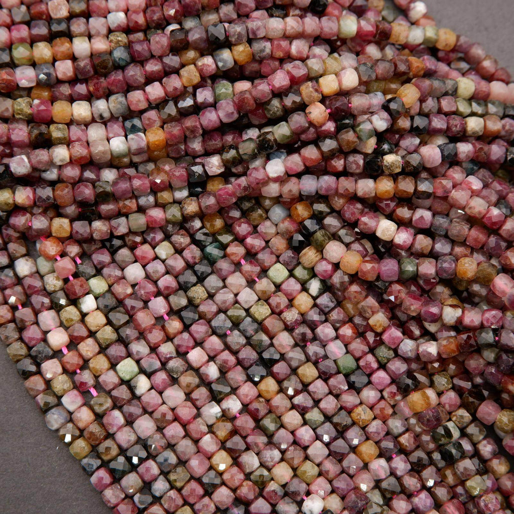 Watermelon Tourmaline faceted cube beads.