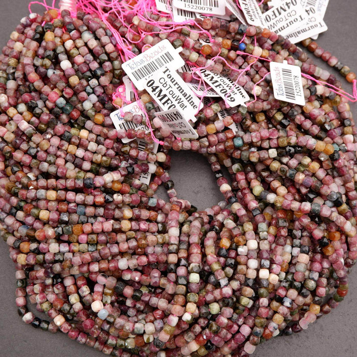 Watermelon Tourmaline faceted cube beads.