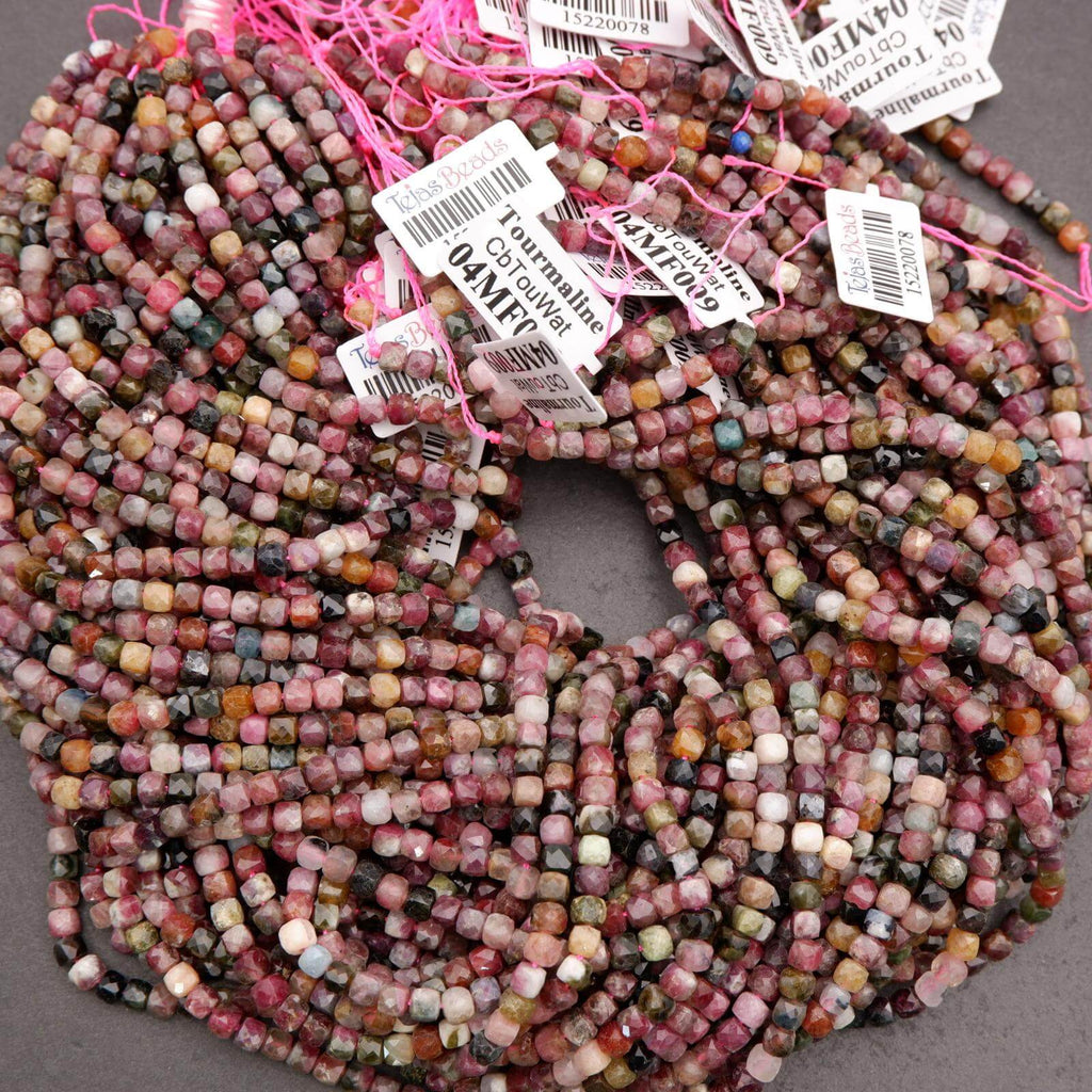 Watermelon Tourmaline faceted cube beads.