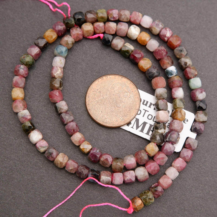 Watermelon Tourmaline faceted cube beads.