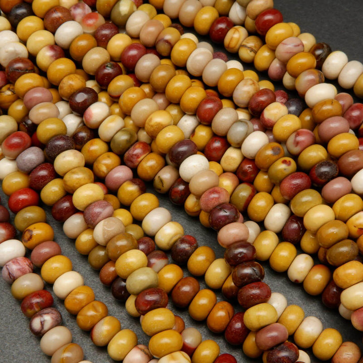 Yellow, red, and beige mookaite jasper beads.
