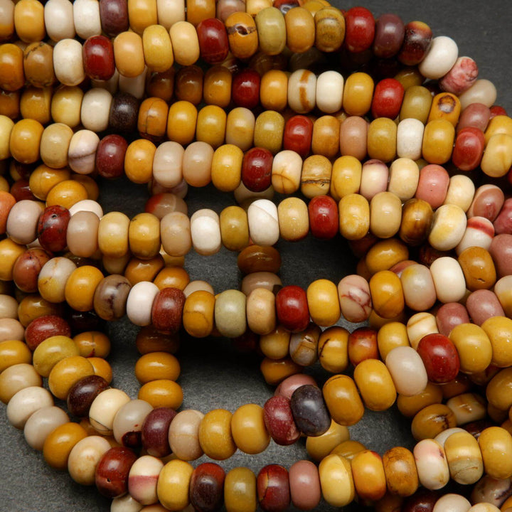 Yellow, red, and beige mookaite jasper beads.