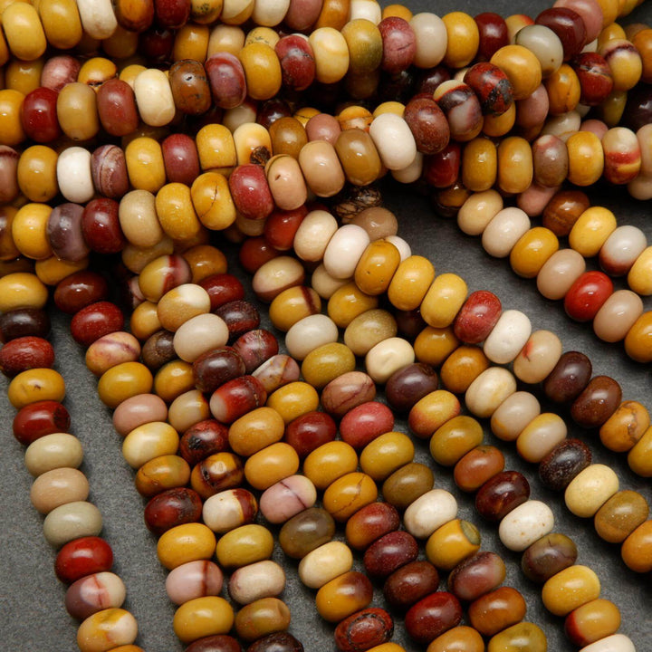 Yellow, red, and beige mookaite jasper beads.