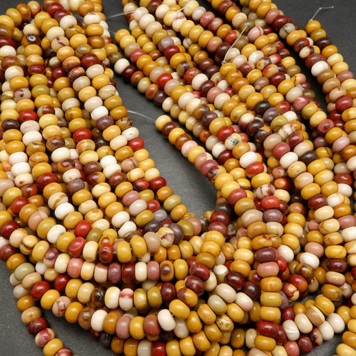 Yellow, red, and beige mookaite jasper beads.