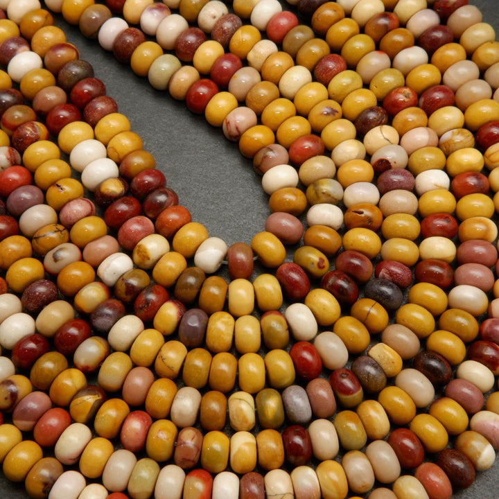 Yellow, red, and beige mookaite jasper beads.