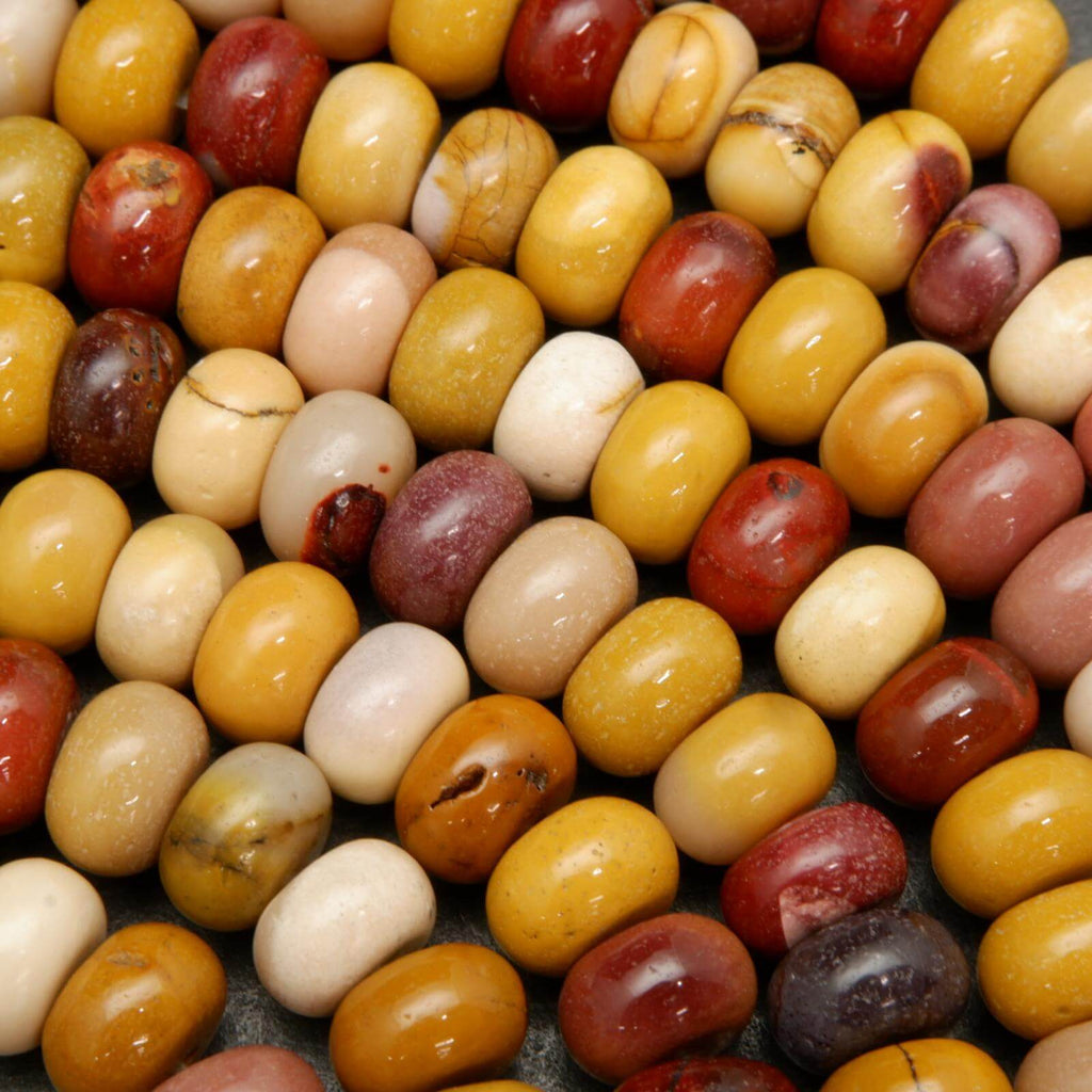 Yellow, red, and beige mookaite jasper beads.