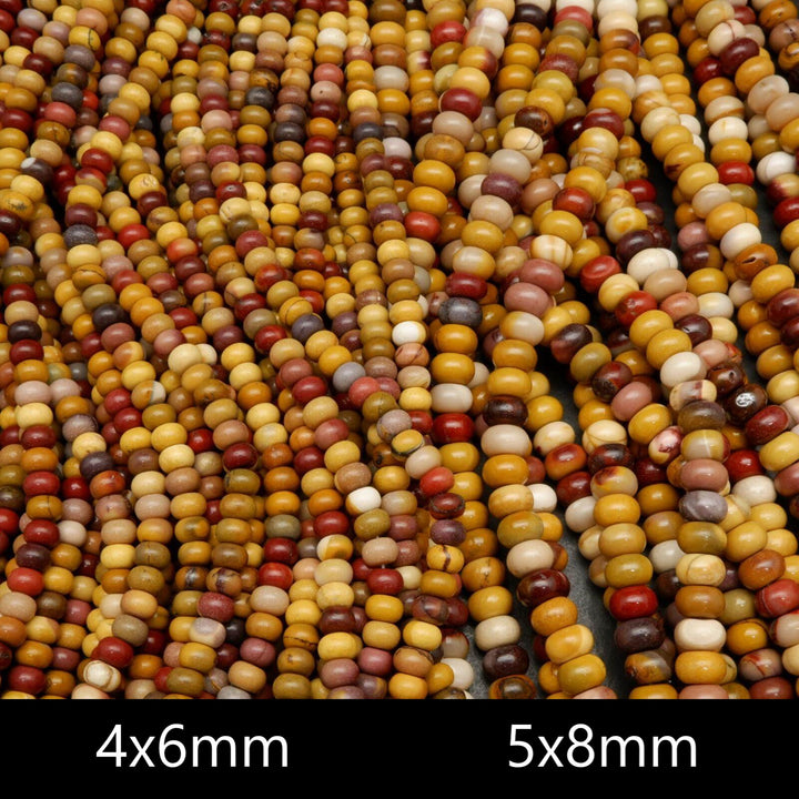 Yellow, red, and beige mookaite jasper beads.