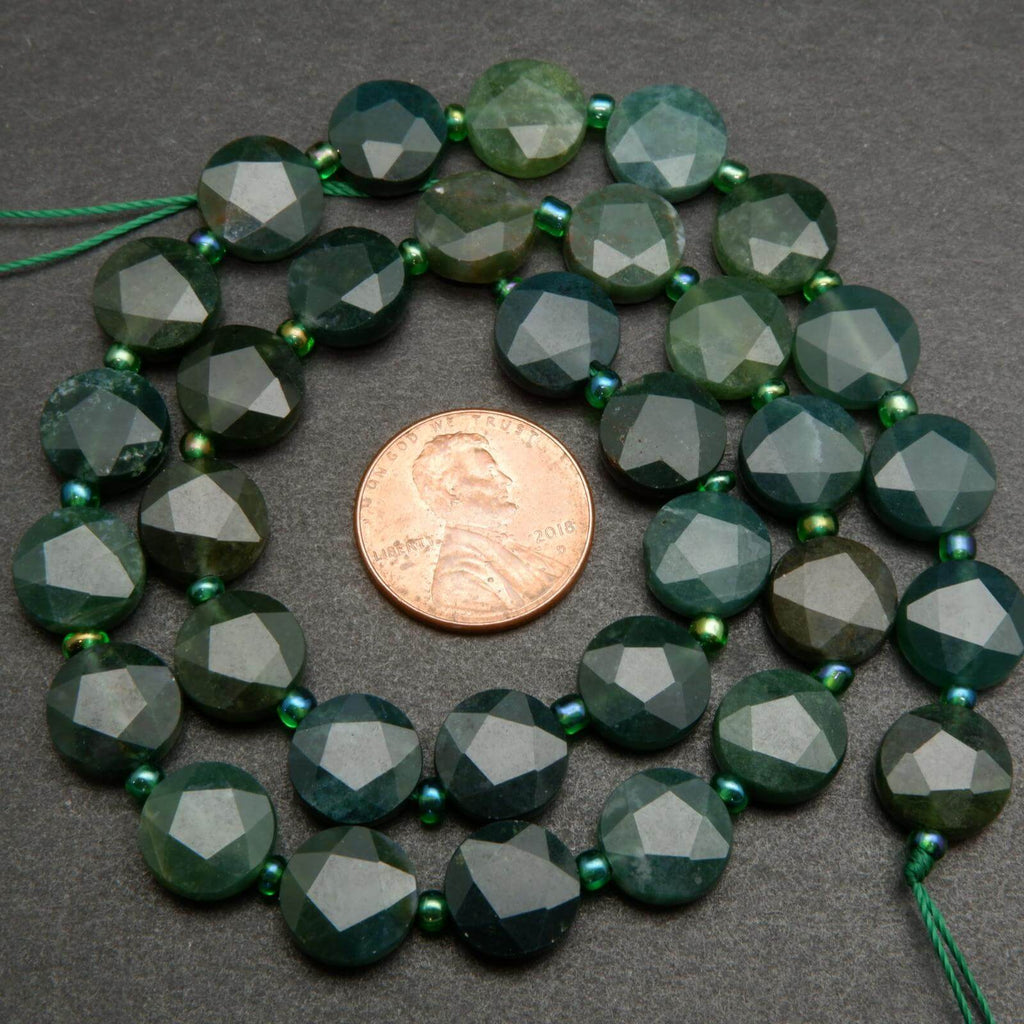 Coin shape green moss agate beads.