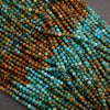 Multicolor blue and brown strands of round beads.