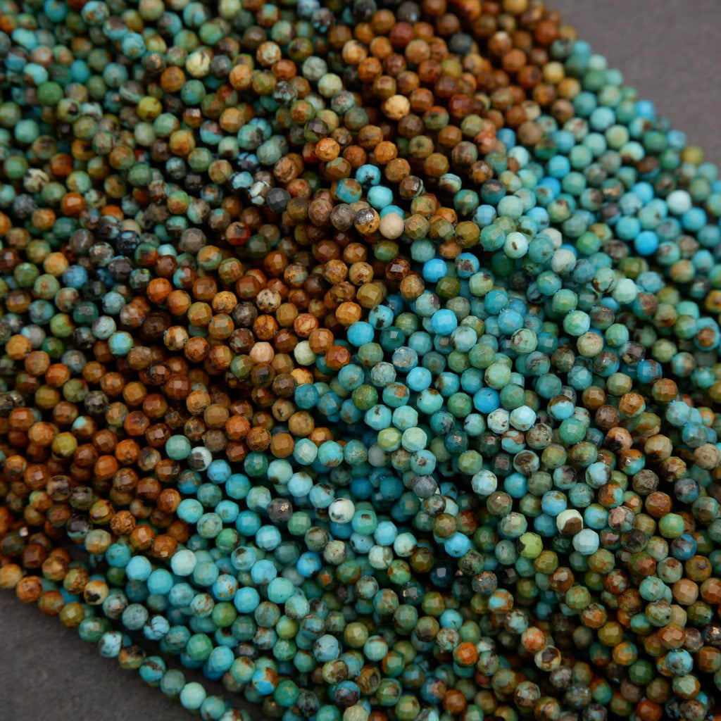 Multicolor blue and brown strands of round beads.