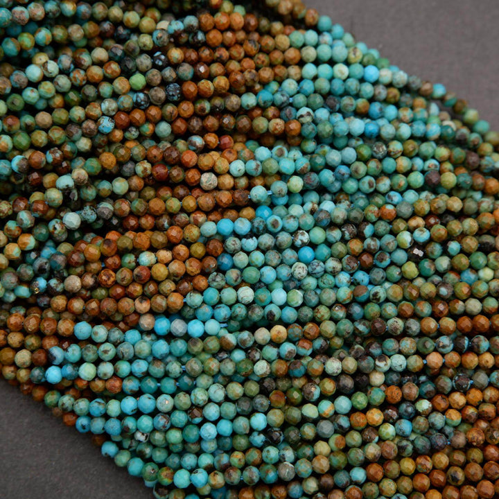 Multicolor blue and brown strands of round beads.