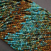 Multicolor blue and brown strands of round beads.