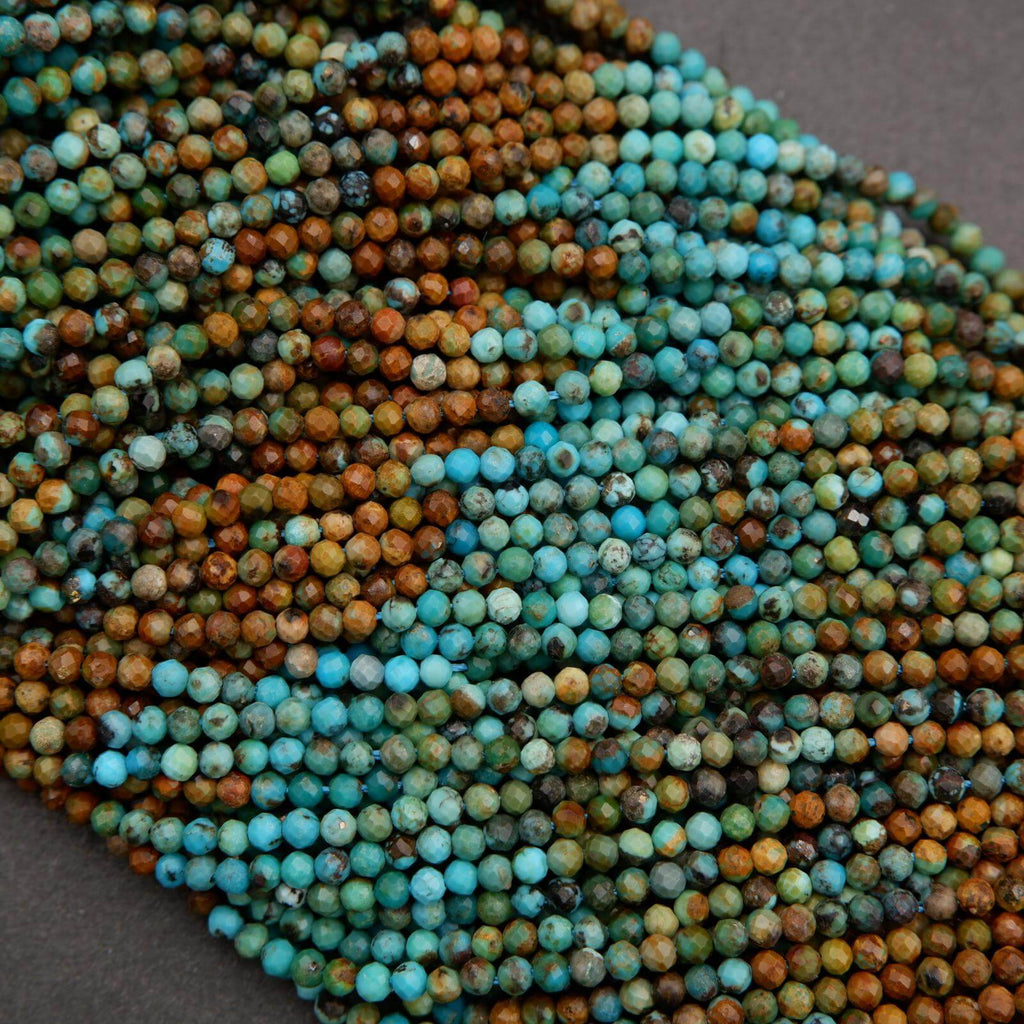 Multicolor blue and brown strands of round beads.