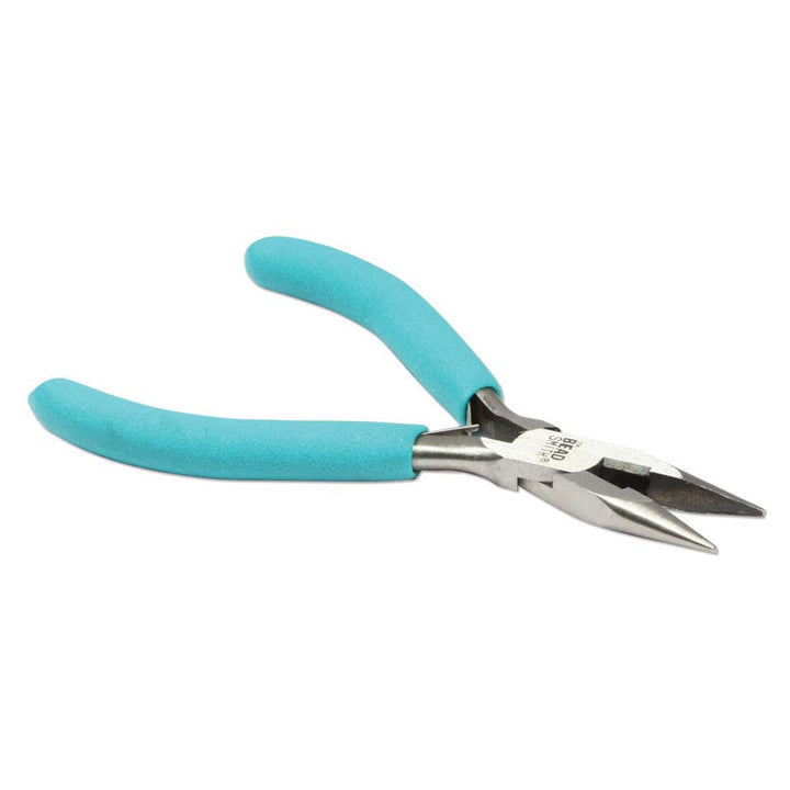 Pair of pliers with turquoise handles on a white background